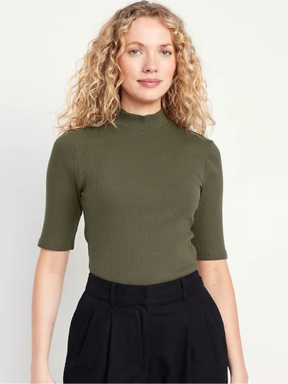 Mock Neck Ribbed Knit Top - Olive